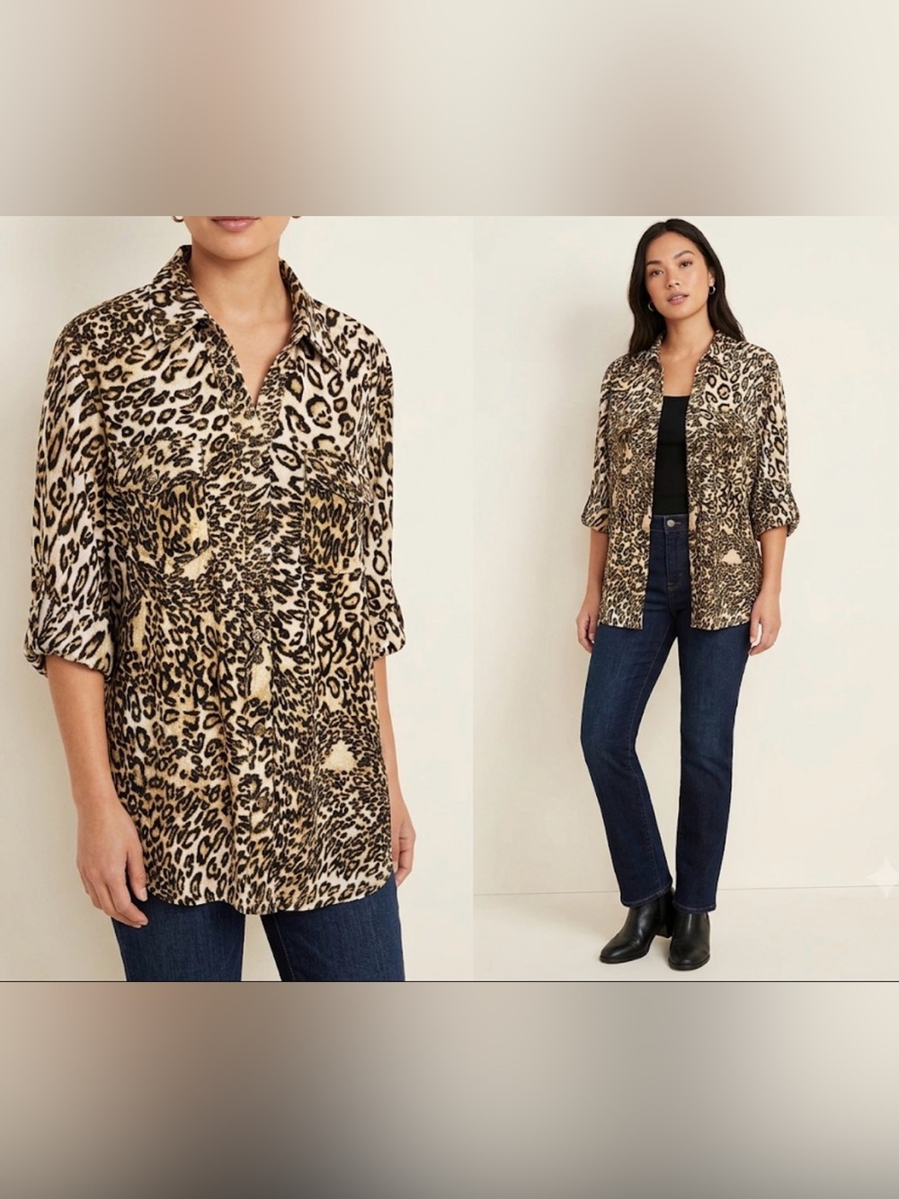 Cathy Leopard Print Top Blouse Large L Shimmer Gold Button Knit Roll Tab Safari